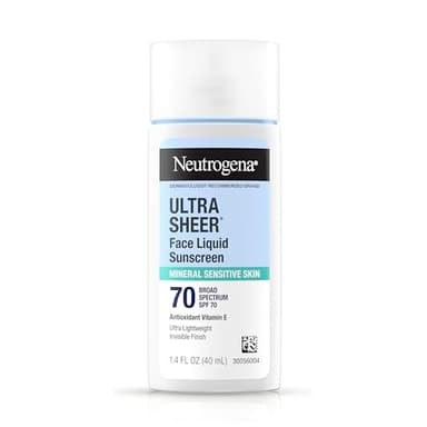Neutrogena Ultra Sheer Liquid Mineral Sunscreen For Face, Lightweight, Broad Spectrum SPF 70 Facial Sunscreen for Sensitive Skin Leaves a Silky, Non-Greasy Finish, Oxybenzone-Free Sun Care, 1.4 fl. oz