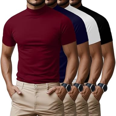 Ficerd 4 Pack Men's Mock Neck T Shirts, Short Sleeve Mock Turtleneck Undershirt Pullover Basic Causal Solid Tee Tops for Men (Black, White, Navy Blue, Wine Red,Large)