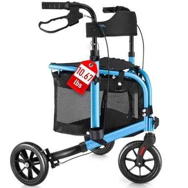 WALK MATE 3 Wheel Rollator Walker with Seat for Slim Seniors, Padded Backrest Lightweight Foldable Walker Ideal for Elderly, 8 Inch Tri-Wheel Modern Mobility Walking Aid Aluminum, Blue