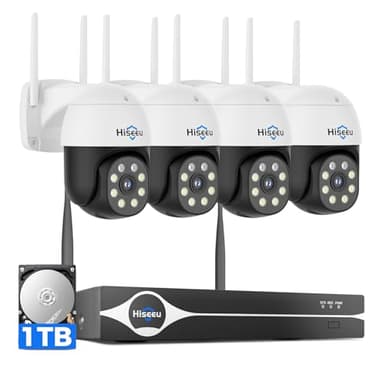 Hiseeu 4K Security Cameras Wireless Outdoor, 8MP 4-Cam Kit, 5G & 2.4G WiFi Cameras System for Home Security, Auto Tracking, Pan Tilt, Color Night Vision, Two-Way Audio, 16CH NVR, 1TB, No Subscription