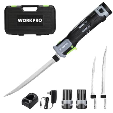 WORKPRO 12V Cordless Electric Fillet Knife with 8'' and 10'' Razor-Sharp Blades, Cordless Fillet Knife with Non-slip Grip Handle and Safety Lock, 2 Rechargeable Battery Packs, 1 Quick Battery Charger, and 1 Storage Carry Case for Fishing, Filleting, Outdoors