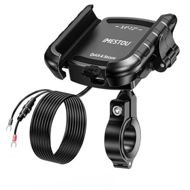 iMESTOU Aluminum Motorcycle USB Phone Mount Charger with USB C Fast Charge Port Compatible with 5.4"-7.2" Phones Up to 15mm Thickness, Fits for 12mm-32mm Handlebars, Works with 12-24V Motorcycles