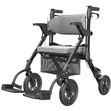 VOCIC Rollator-Walkers-for-Seniors-with-Seat, Walker Wheelchair Combo, Transport-Wheelchair-Lightweight-Foldable, Adult Walkers All Terrain, 2 in 1 Rolling Walker Chair with Brakes & Pouch