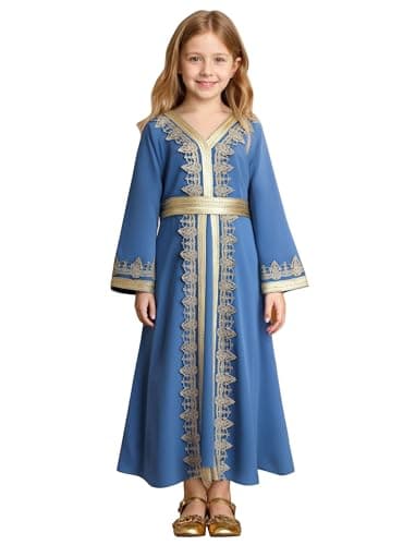 OBEEII Girls Muslim Ramadan Abaya Kids Long Sleeve V Neck Lace Prayer Dress Middle East Arabic Kaftan Dress with Belt Dubai Islamic Eid Church Robe Toddler Girl Muslim Clothes Blue 10-11 Years