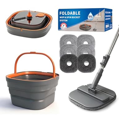 Collapsible Mop and Bucket Set, Spin Mop with Separate Dirty and Clean Water, 6 Replaceable Mopping Pads with Foldable Handle, Deep Cleaning Mops and Buckets for Household Use Floor Cleaning