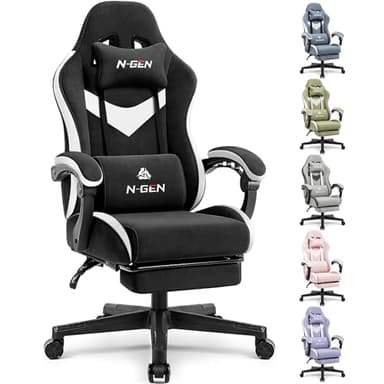 N-GEN GAMING Video Gaming Chair Office Computer Desk Use Ergonomic Reclining Backrest Adjustable Armrests Lumbar Support Footrest High Density Foam Breathable Fabric Heavy Duty Base (Black)