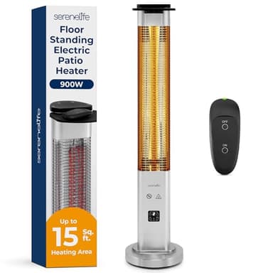 SereneLife Outdoor Electric Patio Heater - 900W Infrared Heater with Remote, Aluminum Reflector, Waterproof Design, IP65 Approved, Quiet Operation, Standing Porch Heater for Patio & Backyard