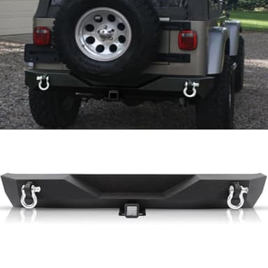 Partree Rear Bumper Fits for Jeep Wrangler TJ YJ 1987-2006, with 2" Hitch Receiver D-Rings Heavy Duty Rear Bumper Powder Coated Textured Black