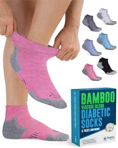 Doctor's Select Bamboo Viscose Diabetic Socks for Women & Men - 6 Pairs, Smooth Toe Seams, Moisture-Wicking, Low Cut, Black, White, Light Blue, Blue, Purple, Pink, Viscose Bamboo