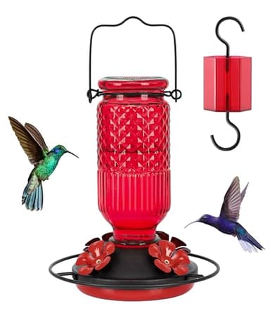 FEED GARDEN Glass Hummingbird Feeder for Outdoors Hanging, 16 OZ Humming Birds Feeders with 4 Bee Guard Feeding Ports & Built-in Ant Moat, Bird Feeder for Outside, Gifts for Women Mom, Red