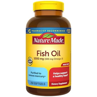 Nature Made Fish Oil Omega 3 Supplements, 1000mg Softgels, Omega 3 Fish Oil for Healthy Heart Support, 250 Softgels, 125 Day Supply