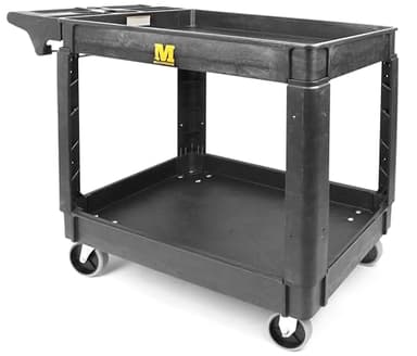 MaxWorks 80855 Heavy Duty 2-Shelf Service Cart - 500 lb Capacity Polypropylene Utility Cart with 5" Non-Marring Casters, Deep Trays & Built-in Tool Storage for Garage, Warehouse, & Workshop