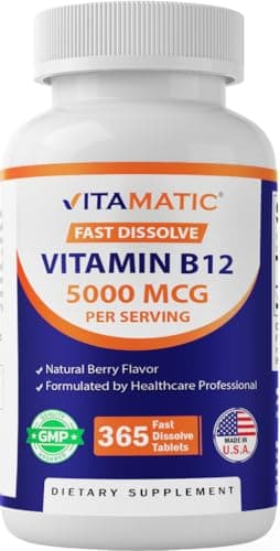 Vitamatic Vitamin B12 5000 mcg – 365 Fast Dissolve Tablets Berry Flavor – Supports Energy Production & Nervous System Health – Non-GMO, Gluten-Free
