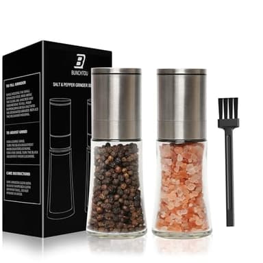 Bunchtou Salt and Pepper Grinder Set of 2 - Adjustable Sea Salt Grinder, Pepper Mill Grinder, Salt and Pepper Shakers - Small Salt and Pepper Grinder Set with Stainless Steel Cap and Glass Container