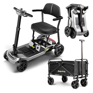 SCOOTNGO Mobility Scooters for Seniors, 4 Wheel Foldable Lightweight Airline Approved Mobility Scooter for Adults, Dual Batteries, Portable, No Assembly Needed (Silver Grey, with Folding Trailer)