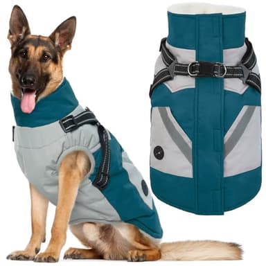 IECOii Dog Winter Coat with Harness Built in, Waterproof Windproof Dog Coats for Large Dogs, Thermal Fleece Cold Weather Jackets with Zip, Outdoor Warm Snow Jacket Reflective, Turquoise Green, XL