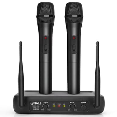 Pyle Channel Microphone System-VHF Fixed Dual Frequency Wireless Set with 2 Handheld Dynamic Transmitter Mics, Receiver Base-for PA, Karaoke, Dj Party (PDWM2135) , Black