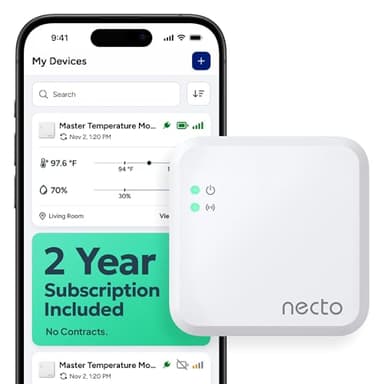 Necto Cellular Temperature Monitor - Remote Power Failure Alarm & Humidity Sensor with Unlimited Alerts. Temp Monitoring System for RV Pet Safety, Vacation Home, Server Room. No Fees or WiFi Required