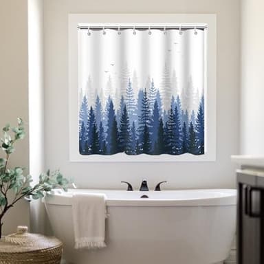 Ruelvth Shower Window Curtain, Navy Blue and Gray Forest Small Short Waterproof Bathroom Window Curtain with Hooks, 40x36 Inch
