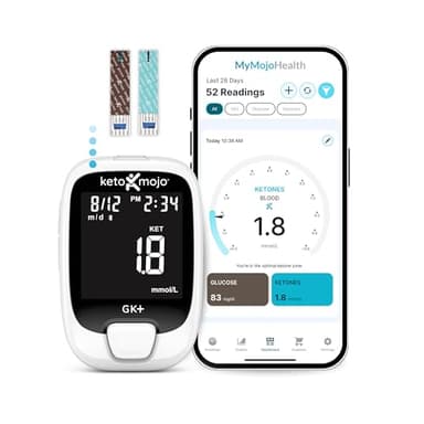 KETO-MOJO GK+ Bluetooth Glucose & Ketone Testing Kit + Free APP for Ketosis & Diabetes Support. 20 Blood Test Strips (10 Each), Meter, 20 Lancets, Lancing Device, and Control Solutions