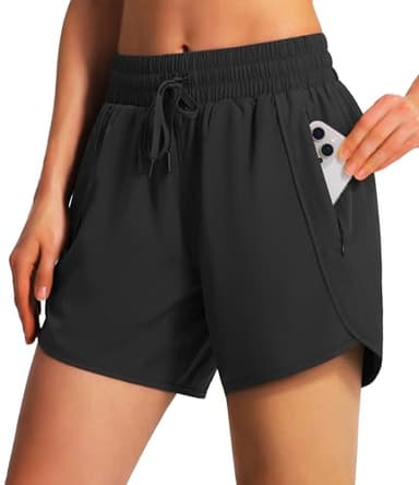 Ksmien Women's 5" Athletic Running Shorts Quick Dry Lightweight Workout Gym Shorts with Zipper Pockets UPF 50+ Black