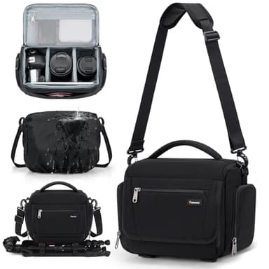 RAINSMORE Camera Bag, SLR/DSLR/Mirrorless Camera Case with Divider Tripod Holder Waterproof Sling Bag Crossbody Camera Bags for Photographers with Rain Cover for Canon/Sony/Nikon/Fuji, Black