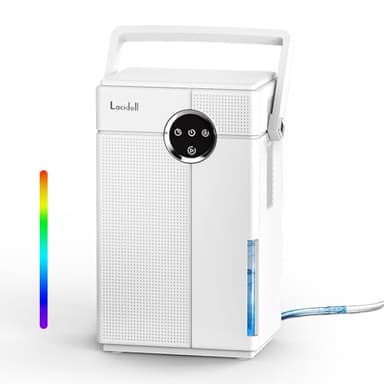 Lacidoll Small Dehumidifier with Drain Hose, 118oz Portable Dehumidifier for RV Camper Bathroom Bedroom Basement Laundry Room, Quiet Dehumidifiers for Home up to 800 sq ft, 7 Colorful Light, White