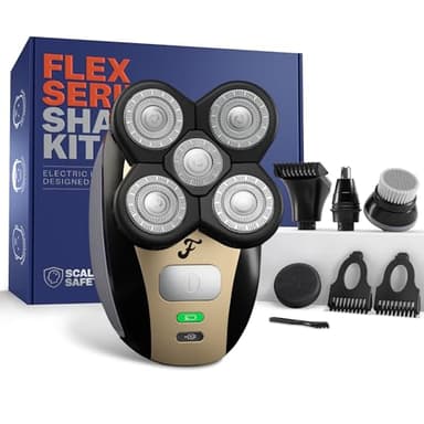 Freebird FlexSeries Electric Head & Body Hair Shaver - Mens Cordless Rechargeable Wet/Dry Skull Bald Head Back & Groin Waterproof Razor with Rotary Blades, Clippers, Nose Trimmer, Brush, Massager