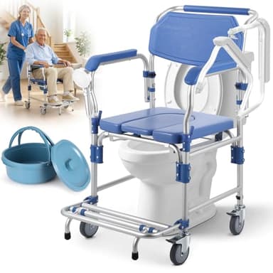Bedside Commode Wheelchair with Drop Arms & Lockable Casters, Waterproof Aluminum Shower Chair, Anti-Tilt Foldable Footrest, Sponge Padded Seat, 330lbs Weight Capacity, 3 in 1 Bedside Commode Chair