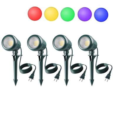 Gmalos Christmas Spotlights Outdoor, 120V Plug-in Halloween Spot Light, 5000K LED Landscape Lighting with 5 Color Lenses (Red Green Blue Purple Yellow), IP67 Waterproof, 4 Pack