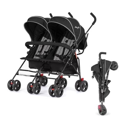 Dream On Me Volgo Twin Umbrella Stroller in Black, Lightweight Double Stroller for Infant & Toddler, Compact Easy Fold, Large Storage Basket, Large and Adjustable Canopy
