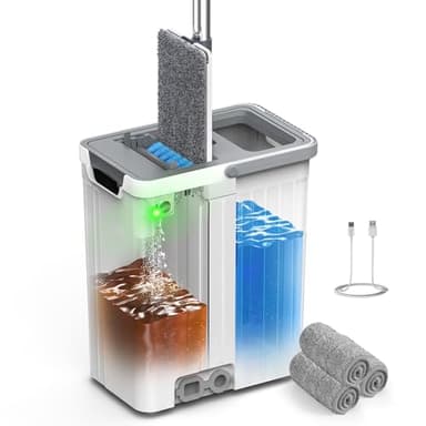 Mop and Bucket Set with AUTO Pump, 3-Zone Separate Dirty and Clean Water, Flat Mop and Bucket System with Wringer and Wheels, 3 Reusable Microfiber Pads, One-Touch Water Filling for Home Cleaning