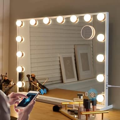 Fenair Vanity Mirror with Lights and Speaker Hollywood Speaker Support Answer Call, Touch Screen, 3 Color Modes Tabletop 15 Dimmable Bulbs