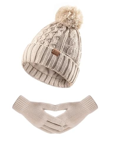 Women Winter Knit Warm Hat Beanie Gloves Set Pom Fleece Lined Hat with Touchscreen Gloves