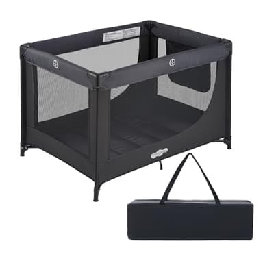 Pamo Babe Compact Pack and Play - Portable Crib for Baby, Lightweight Foldable Travel Playard with Mattress Pad & Carry Bag, Safe Breathable Travel Bed for Home, Trips & Family Visits, Black