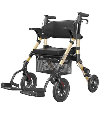 VOCIC Walkers-for-Seniors, Rollator-Walker-with-Seat, Transport-Wheelchair-Lightweight-Foldable, Adult Rolling Walker, Rollator Transport Chair with Brakes, 2 in 1 Walker Wheelchair Combo Z51