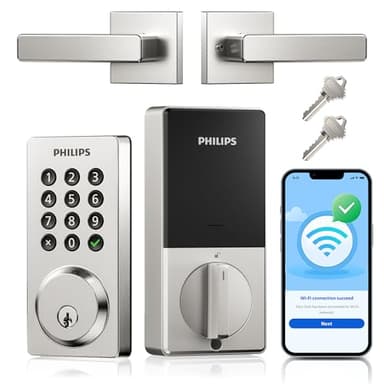 Philips WiFi Smart Door Lock with Handle, Built-in WiFi App Remote Control, Keyless Entry Door Locks for Front Door, Smart Deadbolt Auto Lock, Support Alexa & Google, IP54 Waterproof, Satin Nickel