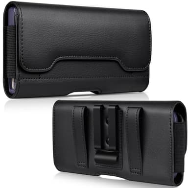 ACCKUO Leather Phone Holster with Strong Metal Belt Clip and Card Holder Compatible with iPhone 16/15/14/13/12 Pro Max, Galaxy S25/S24/S23/S22/S21/S20 Plus and FE for Everyday Protection, L-Black