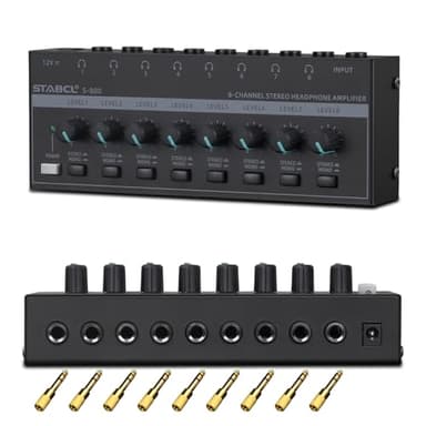 STABCL Headphone Amplifier 8 Channel, Stereo Headphone Amp with 9 Pcs 6.35mm to 3.5mm Jack, Metal Portable Studio Headphone Amp Splitter, Headphone Mixer with Mono and Stereo for Recording Studios