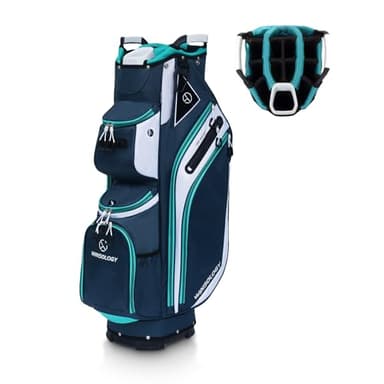 Max Lightweight Golf Cart Bag with Dual Handles and 14 Way Individual Full Length Dividers, Golf Club Bag with 11 Pockets, Large Putter Well, Double Strap Cooler for Men & Women (Ink Blue/White/Mint)