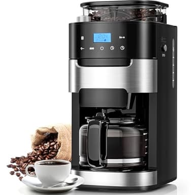 Electactic 10-Cup Drip Coffee Maker with Built-in Grinder,Programmable Grind & Brew, Coffee Machines with Smart LED Touchscreen, 24H Timer, Customizable Strength & Grind Size,Black