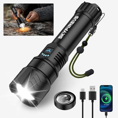 SKYFIRE 1pcs LED Flashlight and 1pcs Fire Starting Ignition Lens,5000mAh Super Bright Rechargeable Flashlight,Zoomable,Four Modes,Waterproof Flash Light for Camping Essentials,Outdoor and Home Emerge