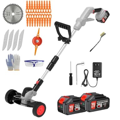 Weed Wacker Cordless Battery Powered Electric Weed Trimmer with 2X 21V/4.0Ah Battery Operated & Wheels 3 Types Blades, 3 in 1 Stringless Grass Trimmer/Edger/Brush Cutter for Garden Yard Lawn(Gray)
