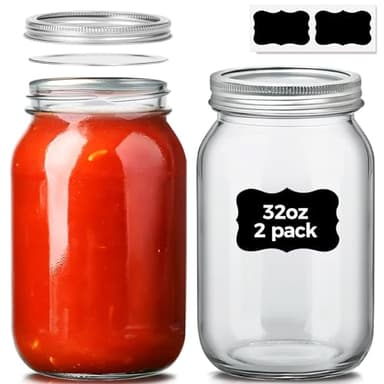 ComSaf Wide Mouth Mason Jars 32 oz with Lids 2 Pcs, Quart Mason Jars with Seal Band, Large Glass Jars, Large Canning Containers for Pickles, Jams, Sauces, Salsa, Sourdough, Salad, Suntea, Food Storage