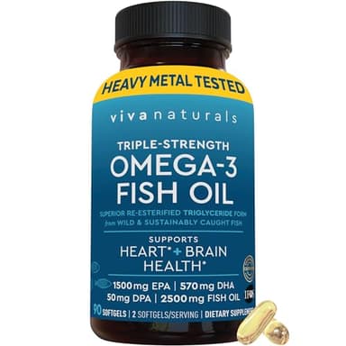 Viva Naturals Triple Strength Omega 3 Fish Oil Pills – 2500 mg High-Potency Formula with 2250 mg Omega 3 Fatty Acids (Including EPA, DHA, DPA) in rTG Form for Absorption – IFOS Certified, 90 Softgels