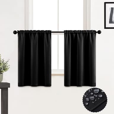 XTMYI Waterproof Fabric 30 Inch Curtains for Bathroom Kitchen Window,Mini Shower Small Short Blackout Tier Curtain Panels,Set of 2,60 Inch Wide,Black