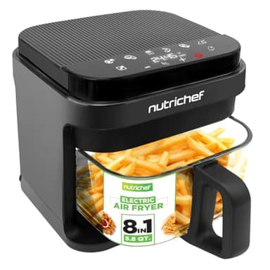 Nutrichef 5.8 Quart Air Fryer | 8-1 Preset Cook Modes | Transparent Fry Bowl for Best Cooking Results | Cook Shrimp, Steak, Fries, Wings, Chicken & More | Precise Temperature Control & Time | Grey