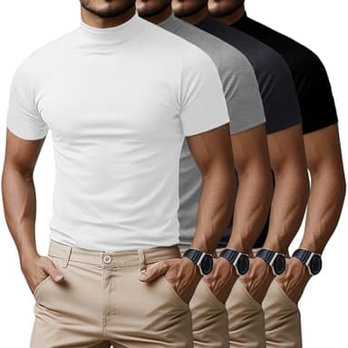 Ficerd 4 Pack Men's Mock Neck T Shirts, Short Sleeve Mock Turtleneck Undershirt Pullover Basic Causal Solid Tee Tops for Men (Black, White, Dark Gray, Light Gray,Large)