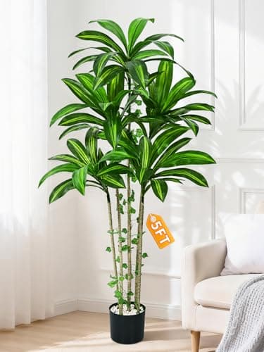 Dolicer 5FT Tall Look Real Artificial Dracaena Tree Indoor with Black Planter, Realistic Artificial Fake Faux Indoor Plants with Natural Trunk and Lifelike Leaves for Home Office Living Room