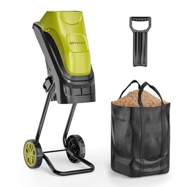 SEYVUM Wood Chipper, 15-Amp 1.8" Cutting Diameter, Electric Wood Chipper & Shredder with 45L Collection Bag and Push Stick, Efficient Mulcher for Yard Waste and Branches, 18:1 Reduction